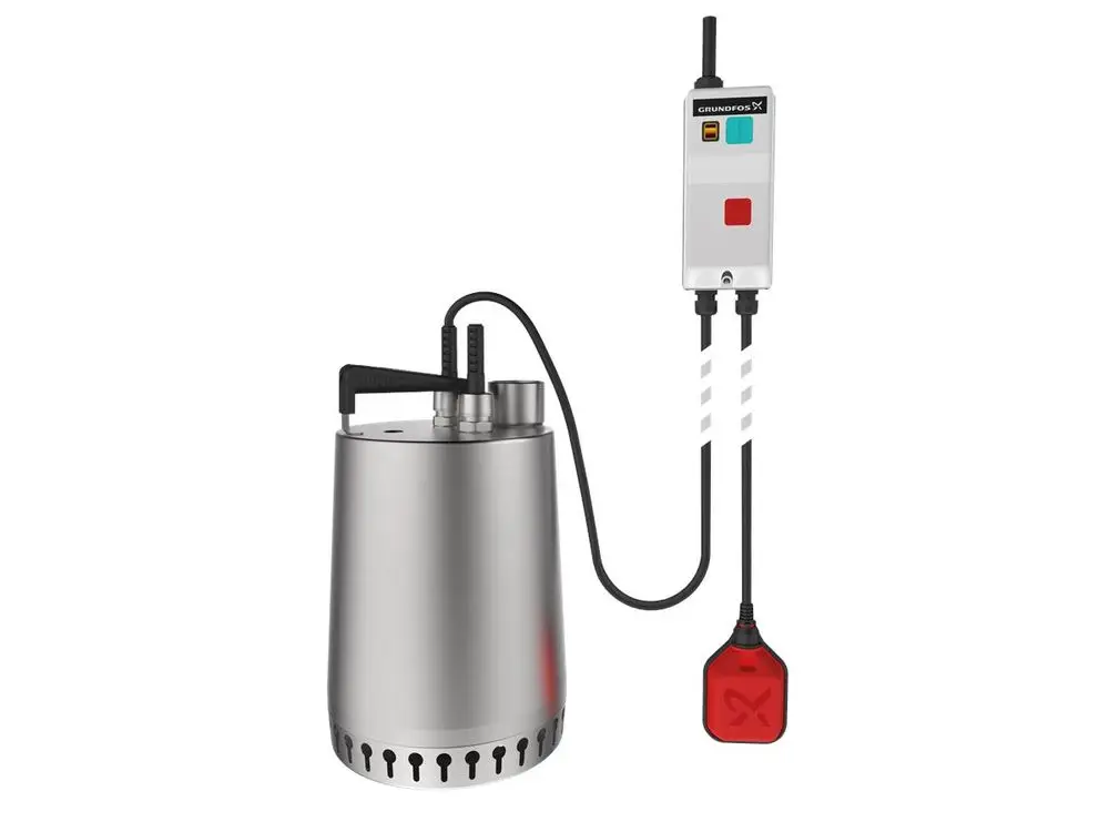 Tauchmotorpumpe von Grundfos mit einem Edelstahlgehäuse und Kühlmantel. Mit Steuerungseinheit und Schwimmerschalter für automatischen Betrieb.